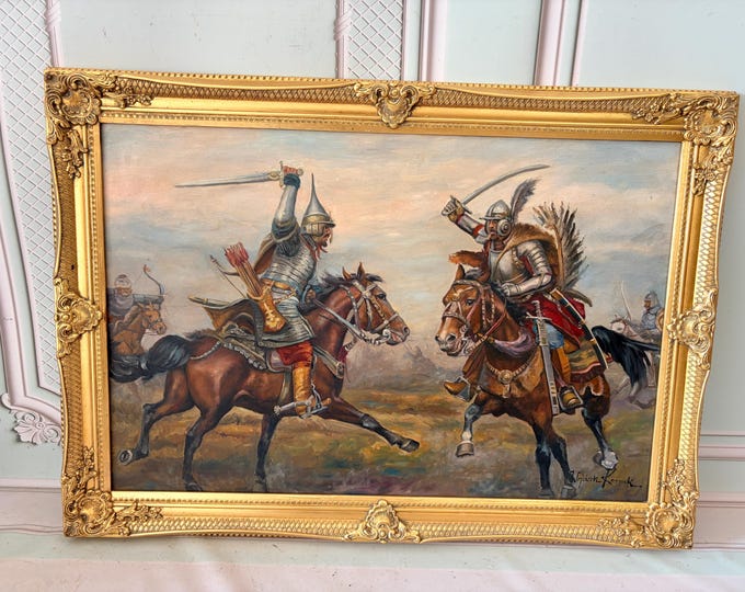 Large Vintage Oil Painting on Canvas - Knight Battle Scene - Kossak Style Polish Art - Framed Historical Wall Decor