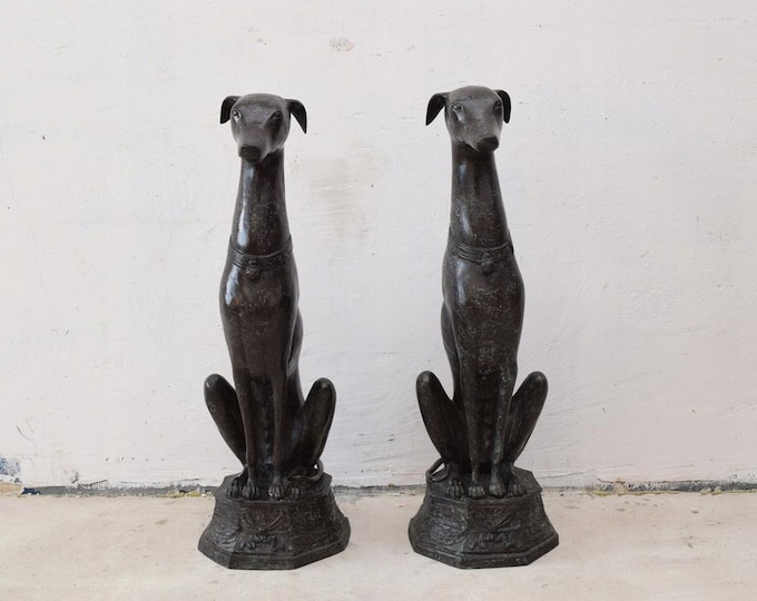 Large Bronze Greyhound Statues - Pair of French Garden Dog Figures - Outdoor Entrance Decor