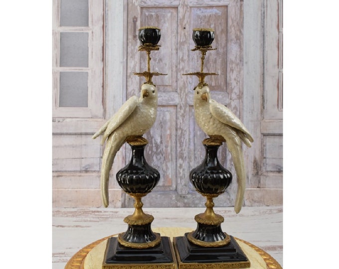 Pair Set White and Black Porcelain with Bronze Candlestick Parrots on a Branch - Bird Parrot Bronze - Art Deco Gift - Home Decor - Gift Idea