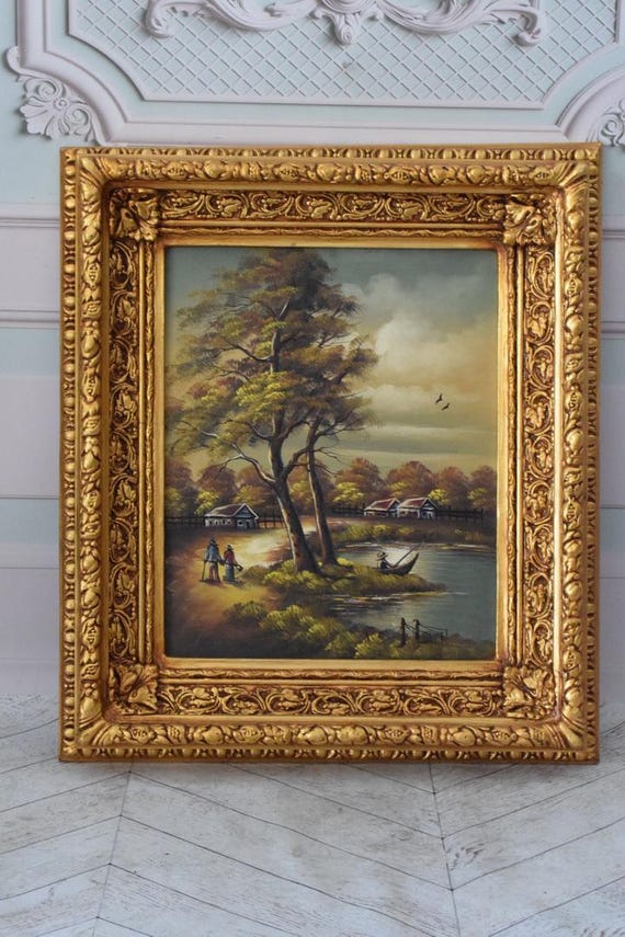 秋の風景 油彩画 金色フレーム付き 風景画 油彩画 金色フレーム 風景画