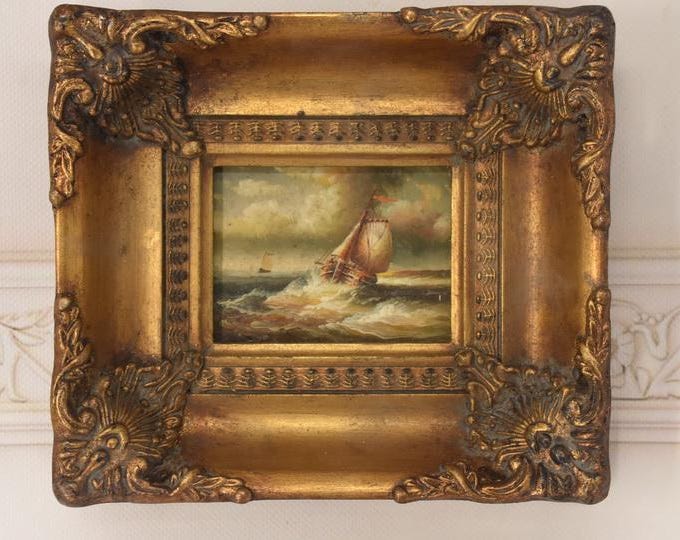 Vintage Boat Painting: Handmade Nautical Seascape with Gold Frame