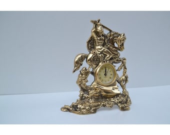 Luxury Brass Table Clock St. George on Horse - Table Clock - Fireplace Clock - Exclusive Gift Idea