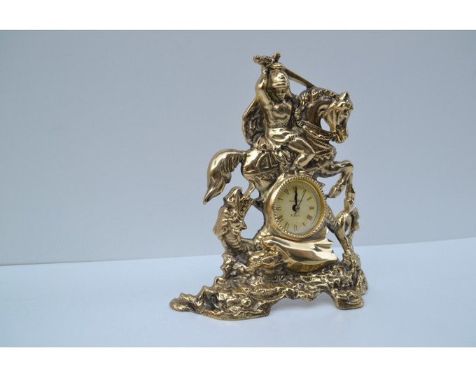 Luxury Brass Table Clock St. George on Horse - Table Clock - Fireplace Clock - Exclusive Gift Idea