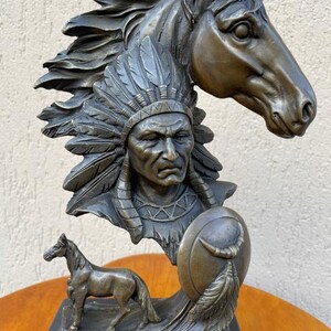 Western indian figurine bronze - indian with head horse - bust statue figurine - bronze sculpture - garden sculpture gift idea