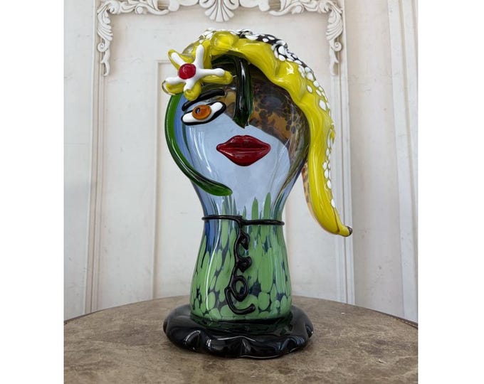 Vintage Italian Venetian Glass Woman Bust - Colorful Murano Style Lady Figurine - Modernist Art Glass Home Decor