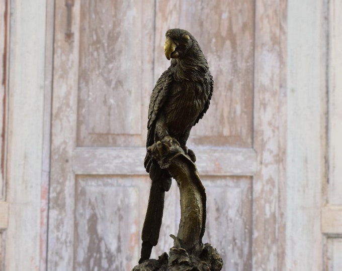 Parrot Bronze Statue - Parrot Large Sculpture on Marble Base - Beauty Animal Figure Foundry Mark -  Gift Idea - Home Decor