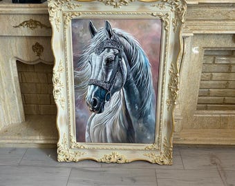 Large Vintage Oil Painting - White Horse Head Portrait on Canvas