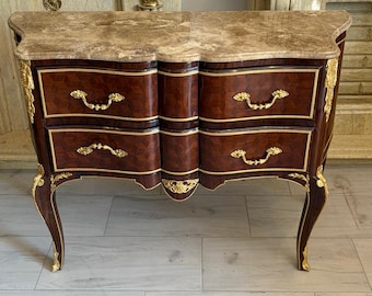 Antique French Baroque Commode – Beech Wood, Bronze Ornaments, Marble Top, Circa 1920