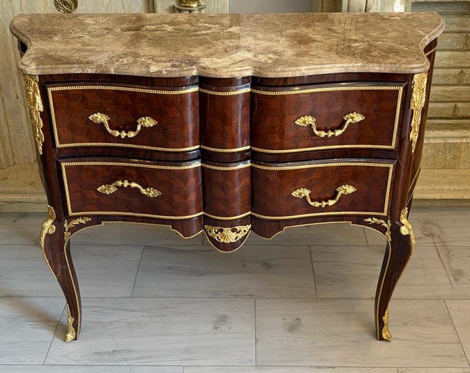 Antique French Baroque Commode – Beech Wood, Bronze Ornaments, Marble Top, Circa 1920