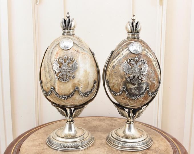 Antique Russian Two Eggs – Jasper and Silver 84 – Pair of Unique Collectible Eggs – 14kg – Antique Gift Idea - Home & Office Decor