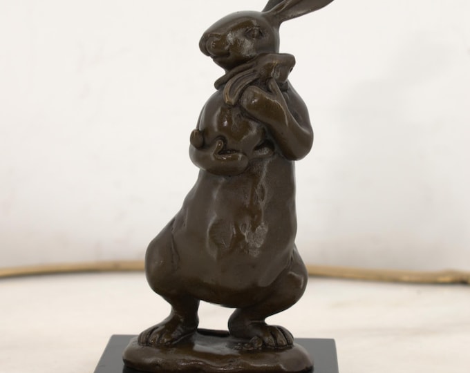 Mother and Son Bronze Family Rabbits - Bronze Statue Rabbit - Elegant Bronze Sculpture on Marble Base - Gift Idea - Vintage Figurine