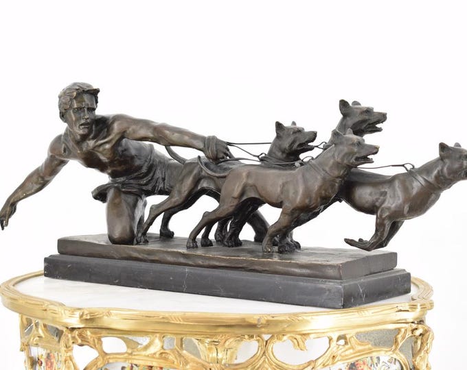 Athlete with 4 Dogs Bronze Figurine – “The Release” Sculpture – Bronze Garden Art – Athletic Dog Statue – Outdoor Art Piece