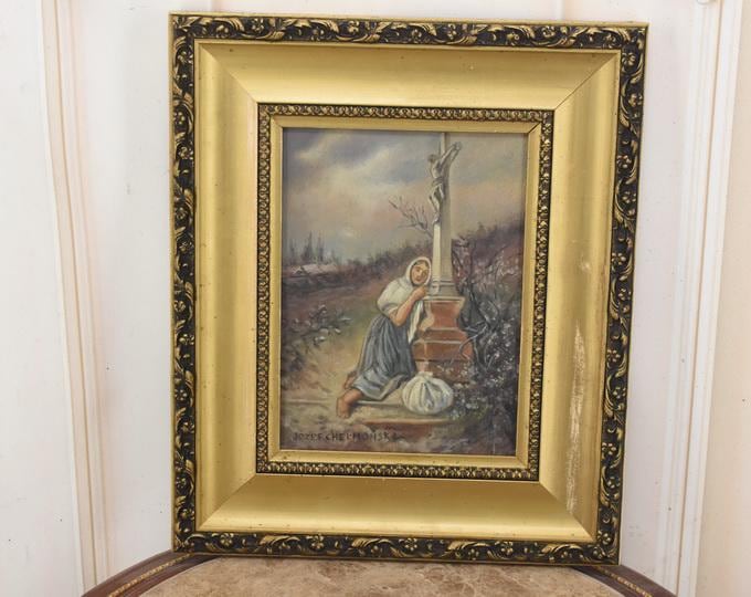 Antique Oil Painting – Woman Praying, Chelmonski Style, Rustic Polish Art