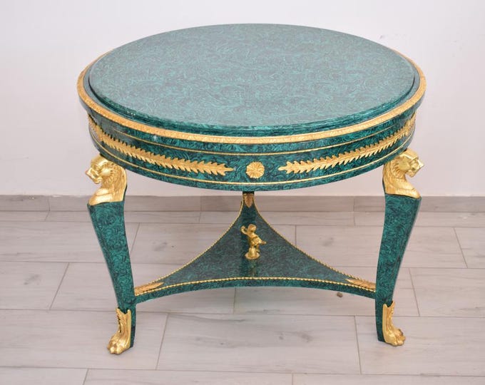Antique French Royal Empire Table – Bronze, Wood and Green Marble Top – Lion Head Motifs – Elegant Home & Office Decor