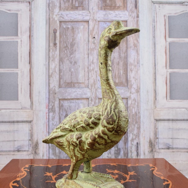 Figurine d'oie - Décoration de jardin et de maison - Sculpture en fonte - Idée cadeau élégante - Statue d'extérieur à patine verte - Décoration de jardin