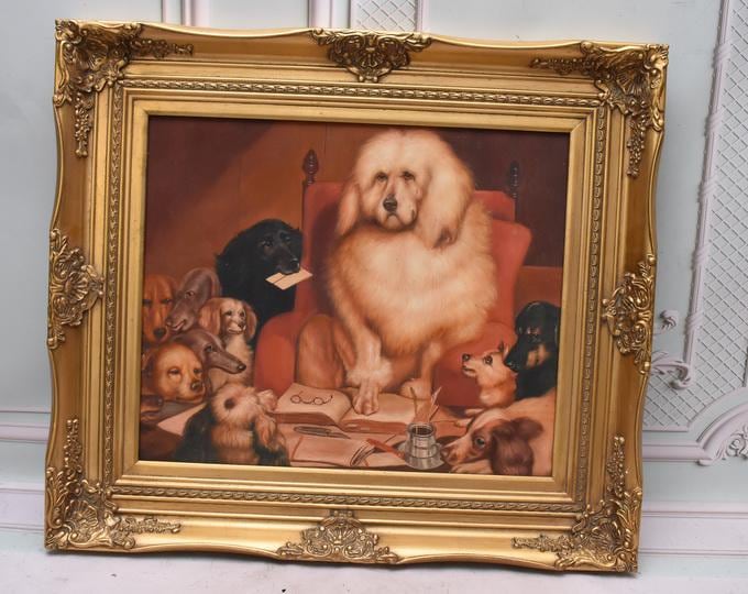 Funny Dog Painting – Dogs’ Meeting with Librarian – Humorous Vintage Style Wall Art – Unique Animal Artwork