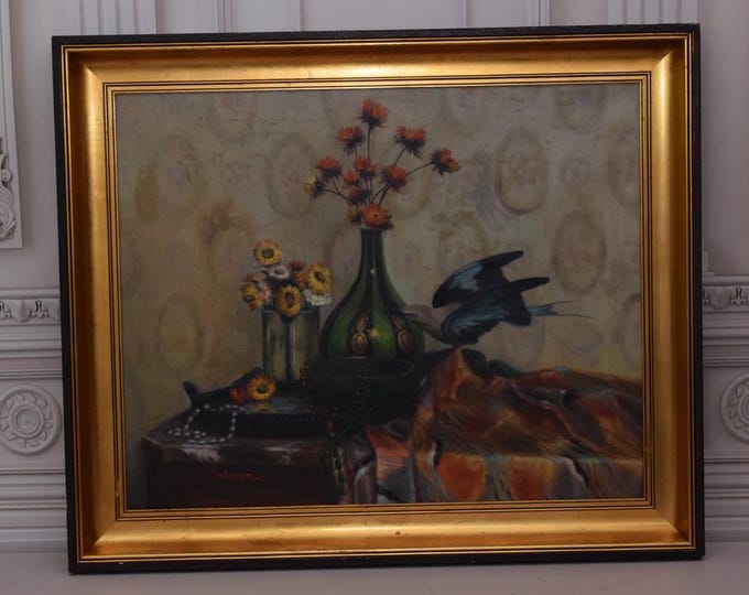Antique Painting - Flowers and Bird on Table - Antique Interior - Wall Art Decor - Home Decoration - Gift for Birthday, Wedding Polish Art