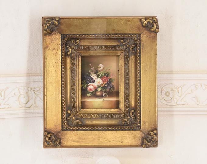 Vintage Miniature Floral Oil Painting – European Still Life Art