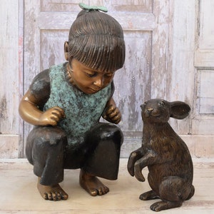 Bronze Statue Young Girl with Rabbit - Amazing Garden Statue - Beautiful Bronze Child with Rabbit- Sculpture Bronze - Decorated for Garden