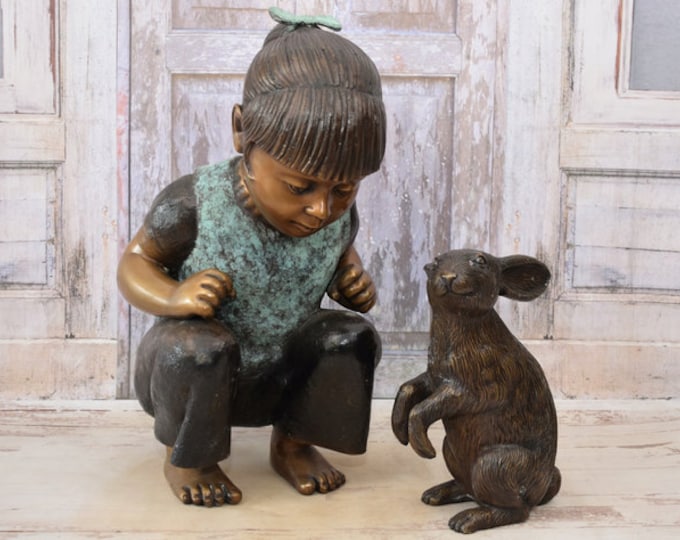 Bronze Statue Young Girl with Rabbit - Amazing Garden Statue - Beautiful Bronze Child with Rabbit- Sculpture Bronze - Decorated for Garden