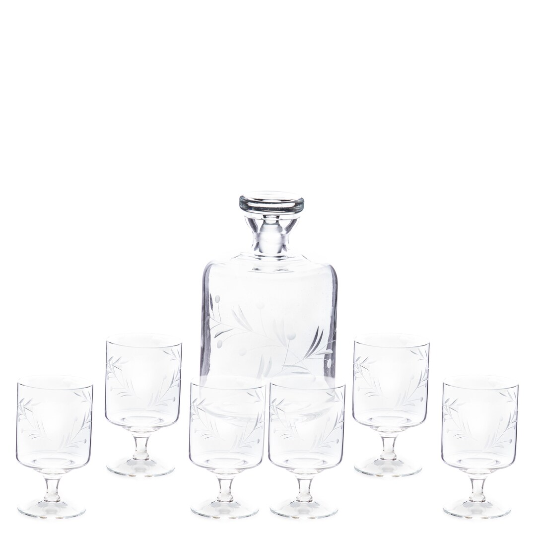 Glass Liqueur Carafe and Six Glasses Art Nouveau Style Glass Carafe for