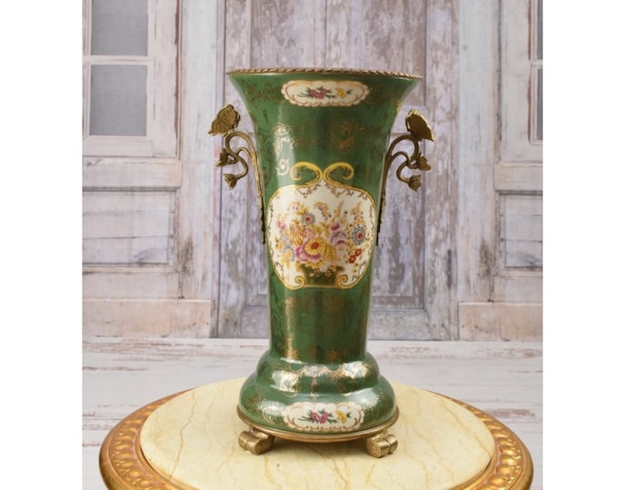 Large Green Porcelain Flower Pot - Vase Porcelain and Bronze Ornaments Butterflies - Bronze Statue Butterfly - Home Decor - Gift for Wedding