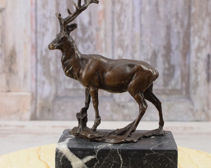Standing Deer Bronze Statue on Marble Base - Hunting Figure - Garden Figurine - Sculpture Bronze - Home Decor - Hunter Statue