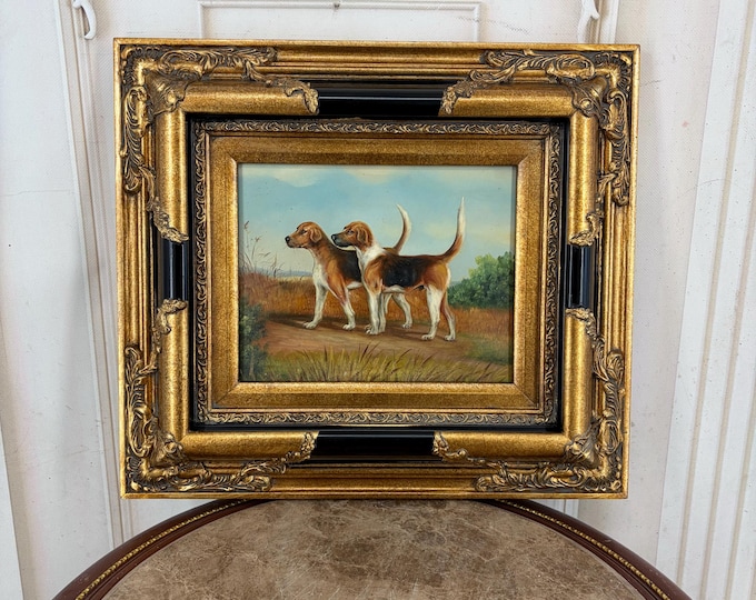 Vintage Hunting Dogs Painting - Pair of Hounds in Countryside - Ornate Gold and Black Frame - Classic Wall Art