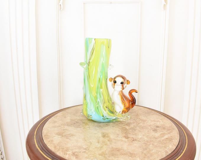 Murano Style Green Glass Vase with Monkey Figurine