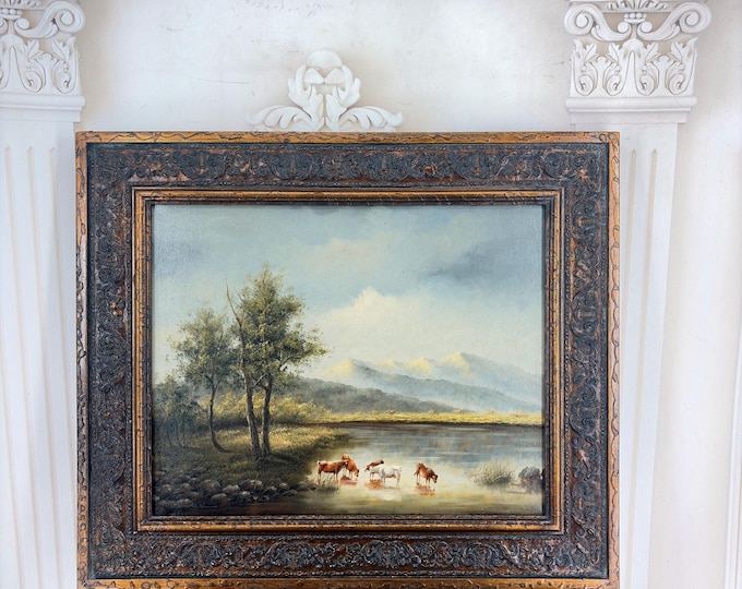 Vintage Farmhouse Oil Painting – Cows, Chickens, Village Landscape – Rustic Wall Art