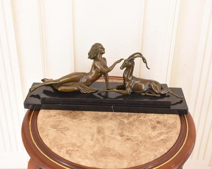 Vintage Bronze Nymph with Antelope Sculpture – Myhtology Figure - Foundry Mark
