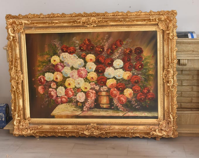 Giant Floral Oil Painting – 75 inch, Gold Baroque Frame