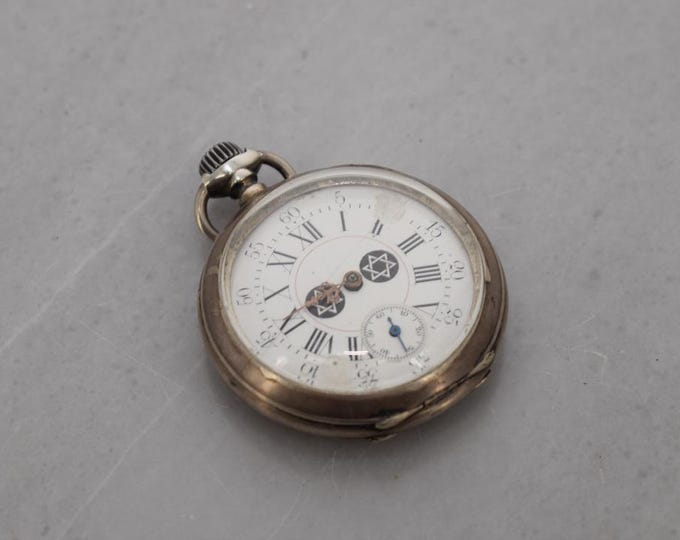 Antique Silver Jewish Clock - Enamel + Silver - Wind-up Pocket Watch - Judaica Clock - Gift Idea
