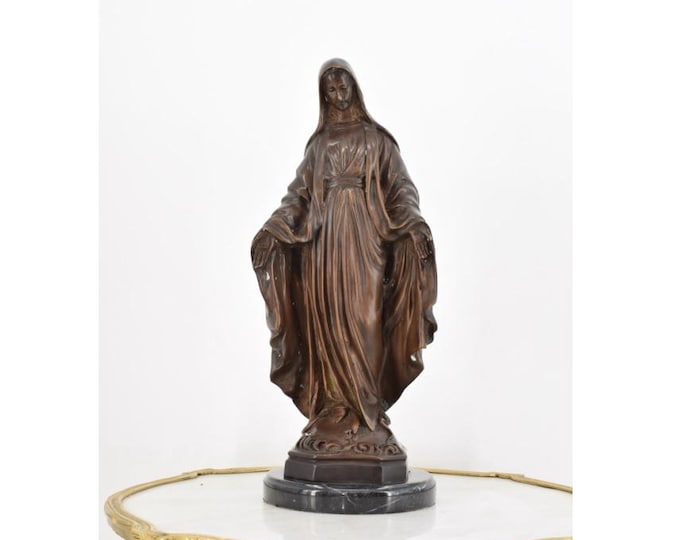 Large Madonna Statue Bronze - Mary Figurine - Pure Sculpture on Marble Base - Mother of God- Church Statue - Holy Bronze Figure to Chapel