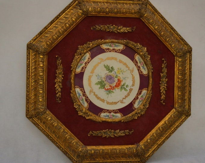 Painting on Porcelain - Ornaments Flowers - Gold Frame Medallion Vintage Old Gift Art Deco