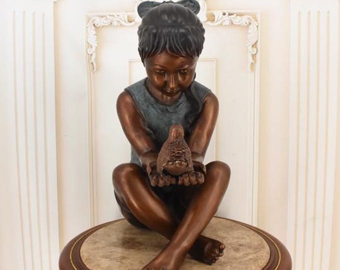 Bronze Garden Statue: Girl with Bird Sculpture - Richly Decorated