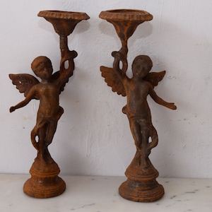 Cast Iron Pair Candlestick Candlesticks Angel Sculpture Figurine Figure Gift Vintage Rustical Style