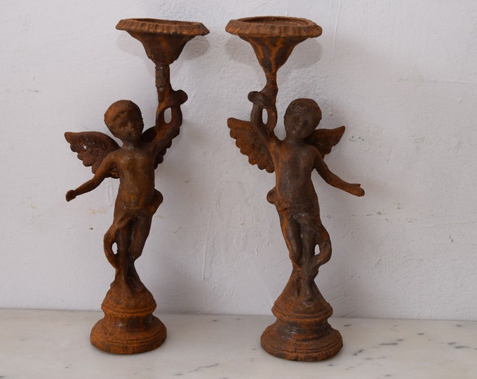 Cast Iron Pair Candlestick Candlesticks Angel Sculpture Figurine Figure Gift Vintage Rustical Style