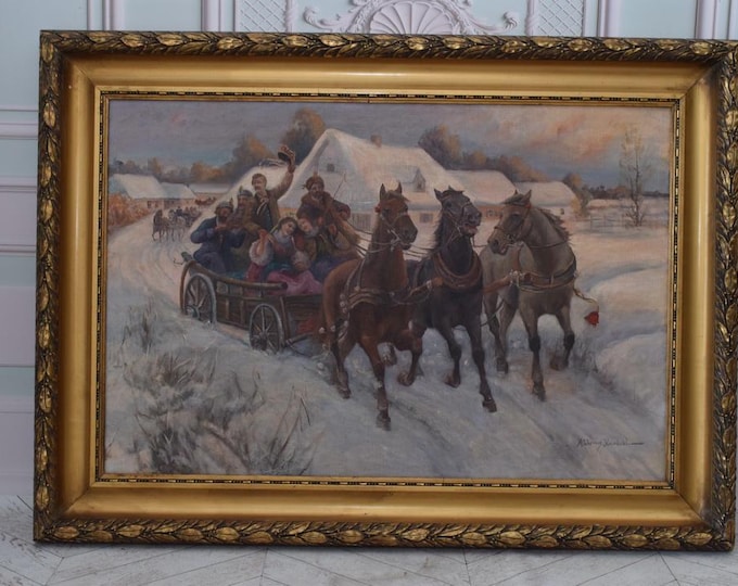 Big Antique Oil Painting – Winter Church Procession with Sleighs & Carts – Rustic Village Scene – Collectible Wall Art – Interior Decor