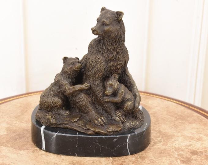 Family Bears Bronze Sculpture - Vintage Statue on Marble Base