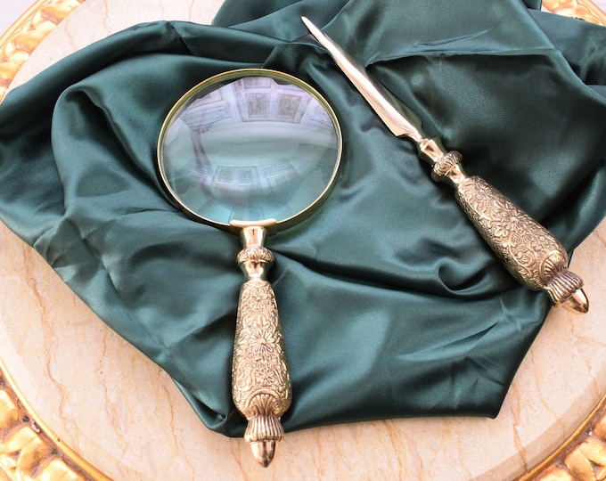 Magnifier and Letter Opener Set - Office Accessories Set of 2 Decorative Shiny Brass - Art Work Elegant Gift Idea - Home and Office Decor