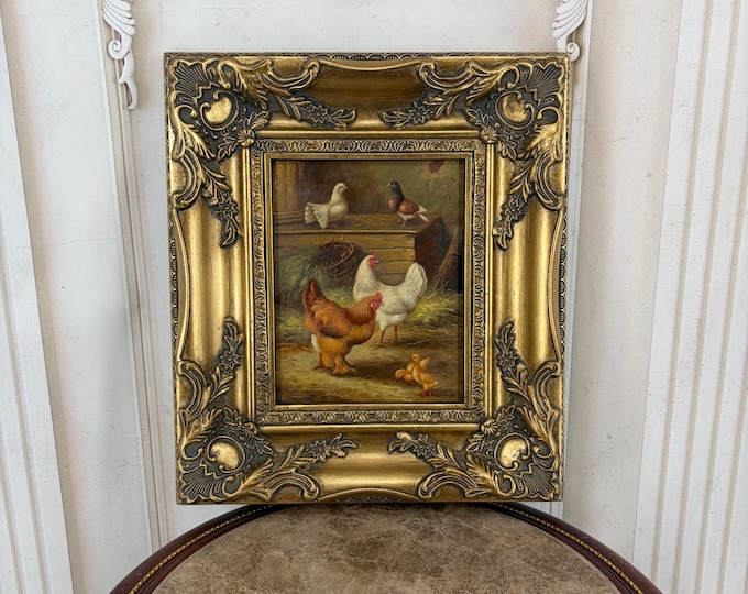 Vintage Chickens and Rooster Painting - Rural Farm Scene - Ornate Gold Frame - Unique Wall Art