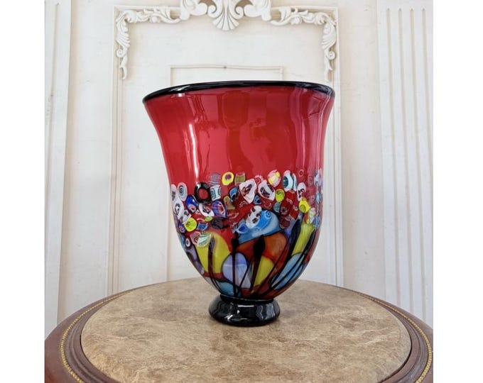 Limited Edition Red  Glass Vase – Shell, Peacock Eye Pattern – Thick Art Glass 