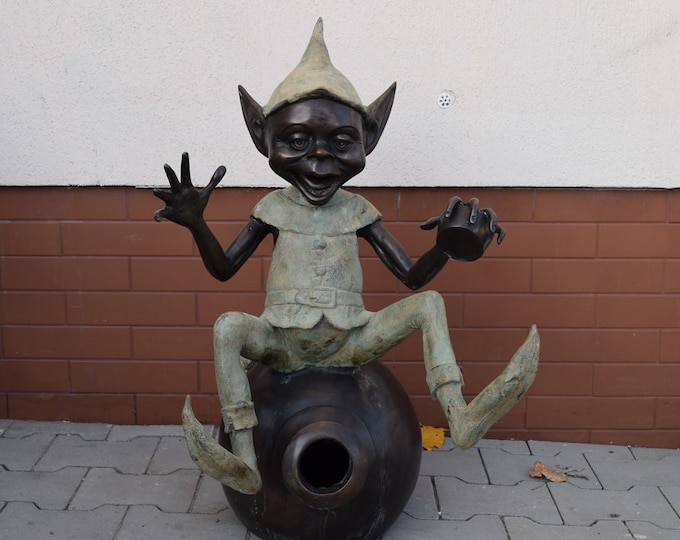 Fountain bronze Sitting Gnome on smoked Pixie Funny Bronze Sculpture Figure Gift Idea -