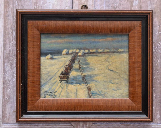 Antique Painting Hunting Trip - Falat Hunter Painting - Winter Landscape - Wall Home Decor - Nice Goldene Frame - Gift for Hunter