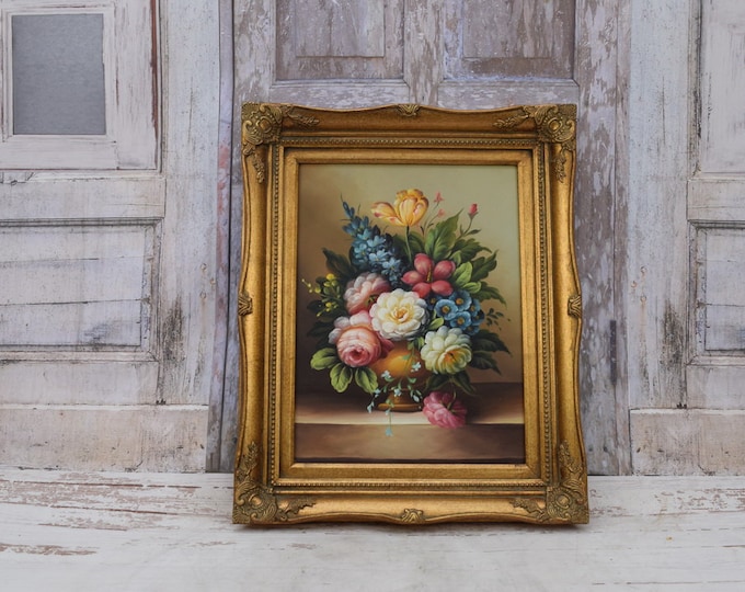 Flowers Painting in Golden Frame Oil on Canvas 54x44 - French Art - Flower Wall Decor - Luxury Gift - Wall Art - Home Decor
