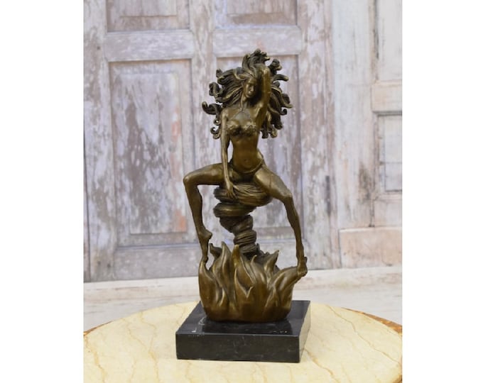 Woman on Pedestal Bronze Statue on Marble Base - Figure Woman in Bikini Art Deco - Female Act - Foundry Mark - Gift Idea - Home Decor