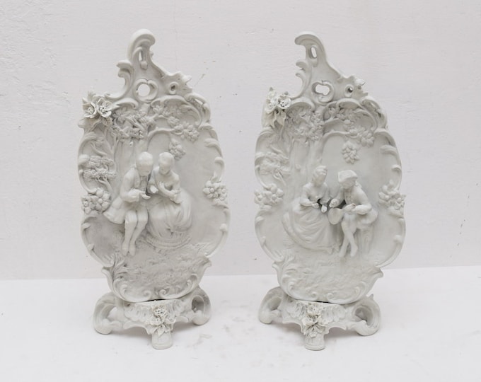 Set Paintings Relief - Alabaster Pair a Aristocrats Gift Painting Stand Art Deco Alabaster