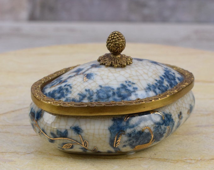 Blue Porcelain Casket - Flower Design - Bronze Ornaments - Vintage Porcelain Box - Home Decor -