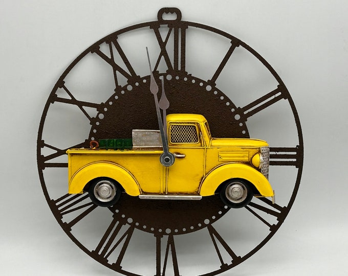 Wall clock with 3D yellow pickup truckmetal model - old school metal model